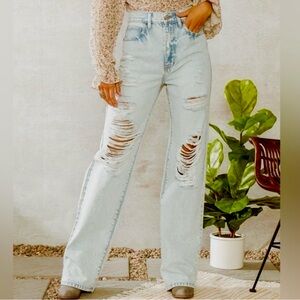 Kancan 90s High Rise Distressed Straight Leg Light Wash Jeans Size 30